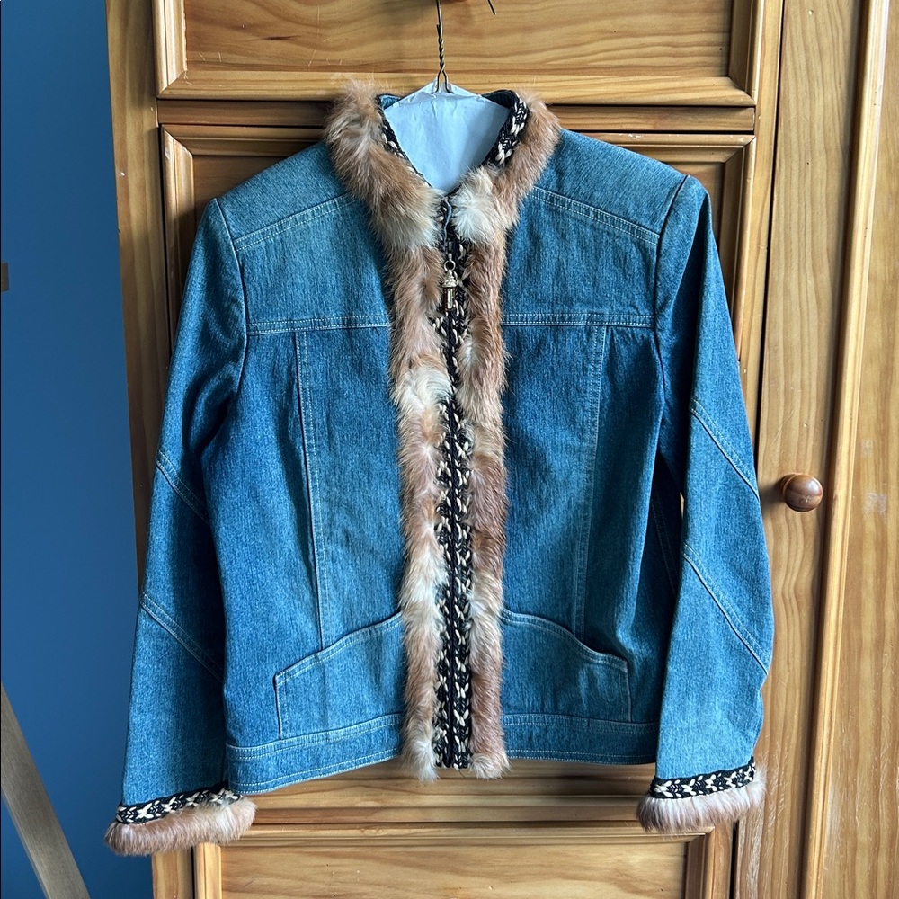 VINTAGE St. John Blue Denim Jacket with real fur accents